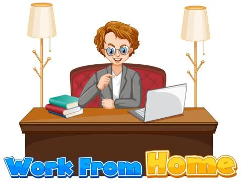 Font design for work from home with man working on computer Ilustración de archivo