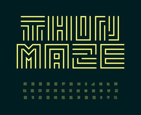 Font labyrinth of lines, linear maze or computer chip alphabet. Minimalist Stock Illustration