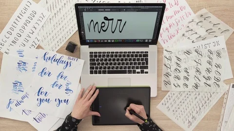 Font making process. Handlettering and working with a tablet and a laptop Stock Footage 91875087