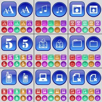 Font, Note, Window, Five, Book, Folder, Mobile phone, Laptop, File. A large set Stock Illustration