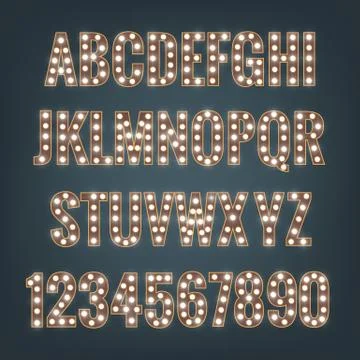 Font. Typeface with light bulbs. Shiny letters and numbers Stock Illustration