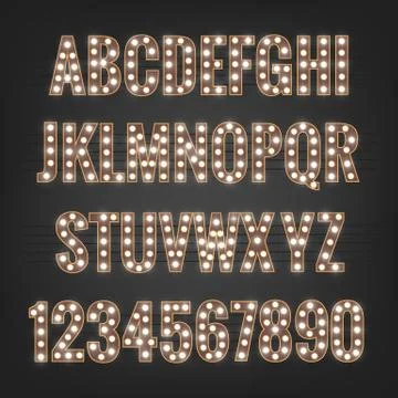 Font. Typeface with light bulbs. Shiny letters and numbers 스톡 일러스트
