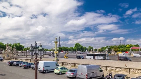 Fontaines de la Concorde and Luxor Obelisk at the center of Place de la Concorde Stock Footage