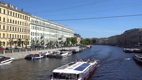 Fontanka river, pleasure ship sails along the river. Russia, St. Petersburg Stock Footage 155926331