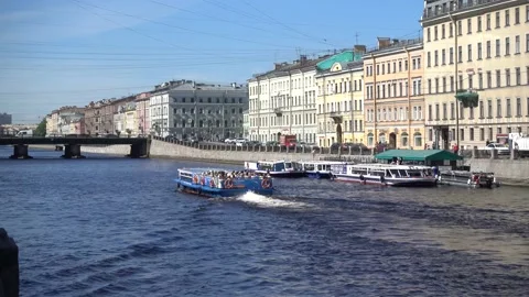 Fontanka river, pleasure ship sails along the river. Russia, St. Petersburg Stock Footage 155926567
