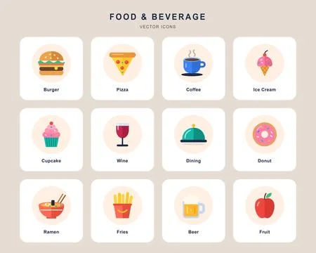 Food and Beverage Icon Set - Flat Vector Restaurant UI Elements Stock Illustration