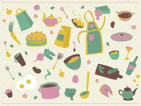Food and dishes. Vector objects in a pattern for the background. Stock Illustration