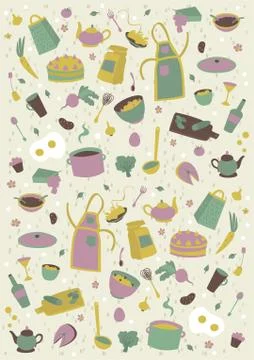 Food and dishes. Vector objects in a pattern for the background. Stock Illustration