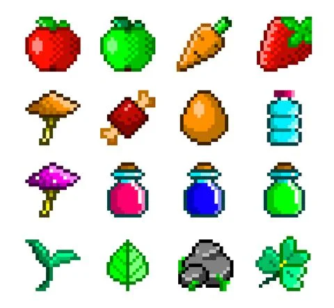 Food and resources pixel art icons. Fruits, flasks, herb vector game assets Stock Illustration