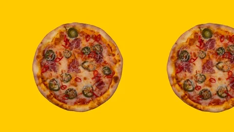 Food animation of moving pizzas on a yellow background Stock Footage 248961825