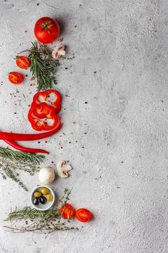 Food, arrangement of food products of fresh vegetables and herbs with place Stock Photos