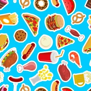 Food background. Feed pattern. meat ornament. Pizza and taco. French fries an Illustrazione stock