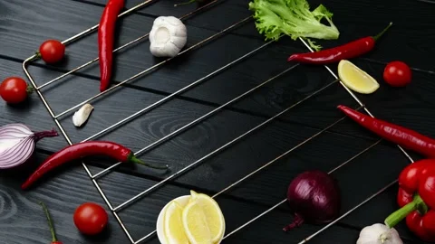 Food background on rustic metal backdrop with red pepper, herbs and spices, top Stock Footage 156521740