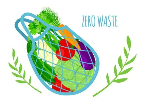 Food in bag, zero waste, vector illustration, eco mesh with organic green Stock Illustration