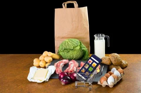 Food for basic needs. An app enables ordering via smartphone. App is fictitio Foto stock