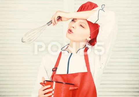 Food blogger. professional chef in kitchen. Cuisine. happy woman cooking healthy Stock-Fotos