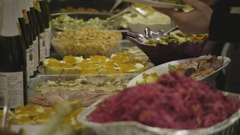 Food on buffet table, close up. 動画素材 123884351