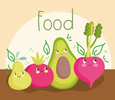 Food cartoon cute avocado beet tomato and pear Stock Illustration