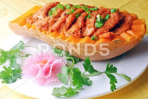 Food in china-- papaya and meat sliced Stock Photos