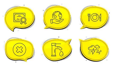 Food, Close button and Tap water icons set. Bad weather sign. Restaurant, Delete Illustration
