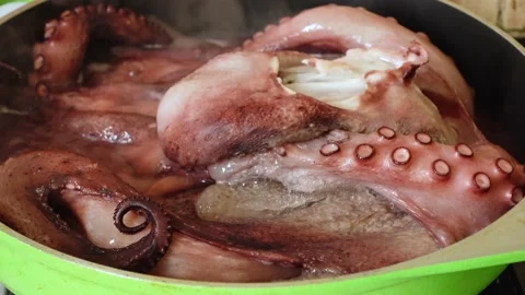 Food: close-up view of octopus boiling in a pan with hot water Stock Footage 169395309