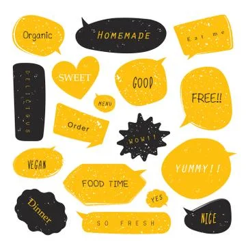 Food comic speech bubbles set with different emotions or set of comic text, p Stock Illustration