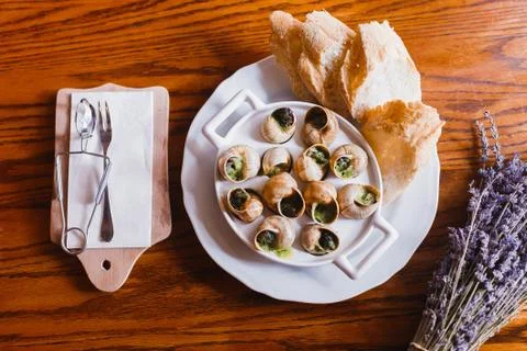 The food composition of the snail shells and bread surrounded by dried purple Stock Photos