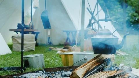 Food is cooked at the stake in a palatial campus in the forest. Stock Footage 114052293