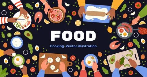 Food cooking. Kitchen table workshop top view. Chef hands cutting products or Stock Illustration