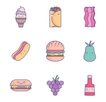 Food cute cartoon character menu restaurant diet icons set flat style icon Stock Illustration