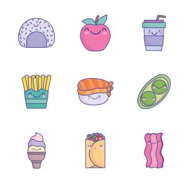 Food cute cartoon character menu restaurant diet icons set flat style icon Stock Illustration