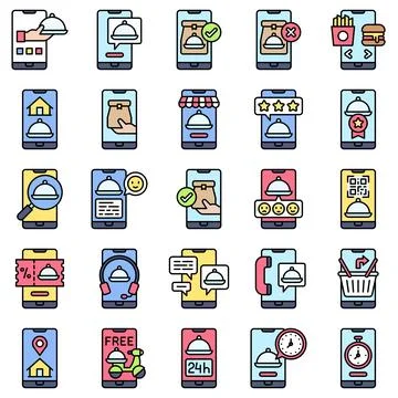 Food delivery Application filled vector icons set Ilustración de archivo