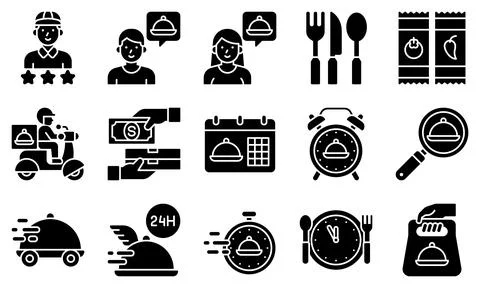Food delivery essentials solid vector icons set 4 Stock Illustration