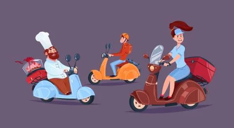 Food Delivery Service Icon Courier People Riding Motor Bikes Stock Illustration
