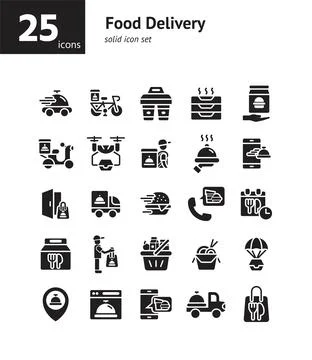 Food Delivery solid icon set. Vector and Illustration. Stock Illustration