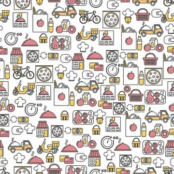Food delivery vector flat line art seamless pattern Stock Illustration