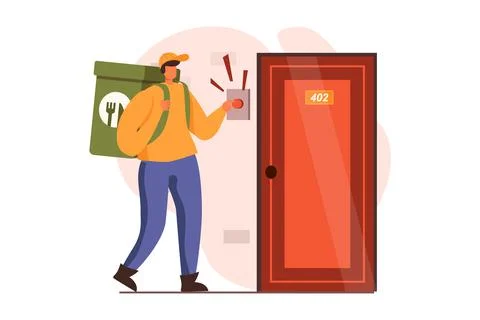Food delivery web concept in flat design. Courier delivers bag of groceries from Stock Illustration