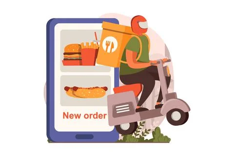 Food delivery web concept in flat design. Courier delivers bag with meal and イラスト素材