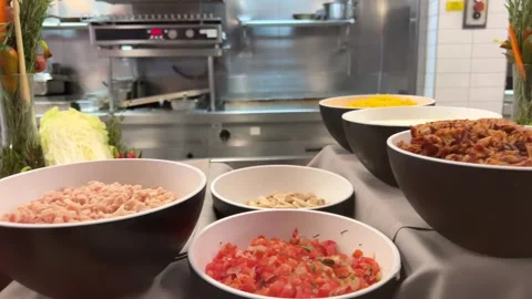 Food on display in different plates Stock Footage 302268339
