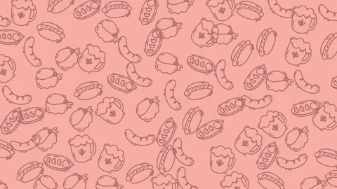 Food doodle pattern featuring handdrawn beer mugs sausages and tasty plates. Stock Footage 335028851