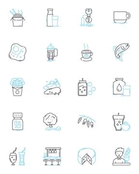Food engineering linear icons set. Nutrition, Sensory, Processing, Preservation Stock Illustration