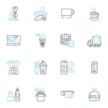 Food engineering linear icons set. Nutrition, Sensory, Processing, Preservation Stock Illustration