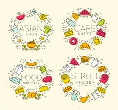 Food flat monograms in retro Stock Illustration