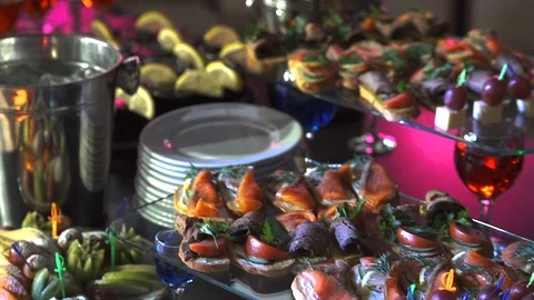 Food for guests. buffet table Stock Footage 105473489
