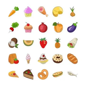 Food Hand Drawn Colored Vector Icons Stock Illustration