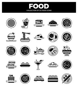 Food icon collection grid featuring various culinary dishes and drinks. Stock Illustration