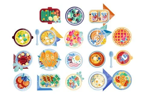 Food icon set. Plates with different dishes green salad, soup with boiled eggs Stock-Illustration