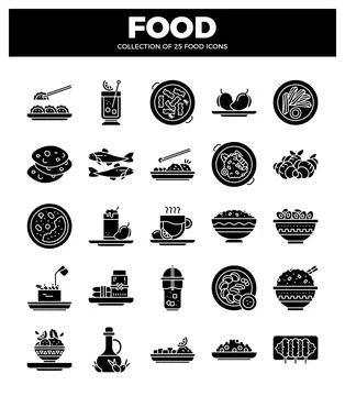 Food icon set on a white background with black icons. Stock Illustration