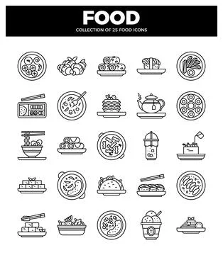 Food icons in a grid pattern. diverse culinary illustrations. graphic desig.. Stock Illustration