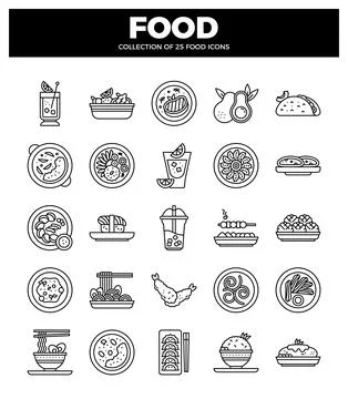 Food icons in a grid pattern. flat design. digital illustration. Illustrazione stock